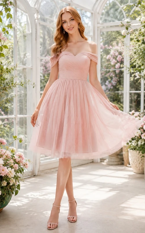 Vestido de cóctel romántico de tul color rosa empolvado con mangas cortas y escote Bardot, corte en A y largo hasta la rodilla