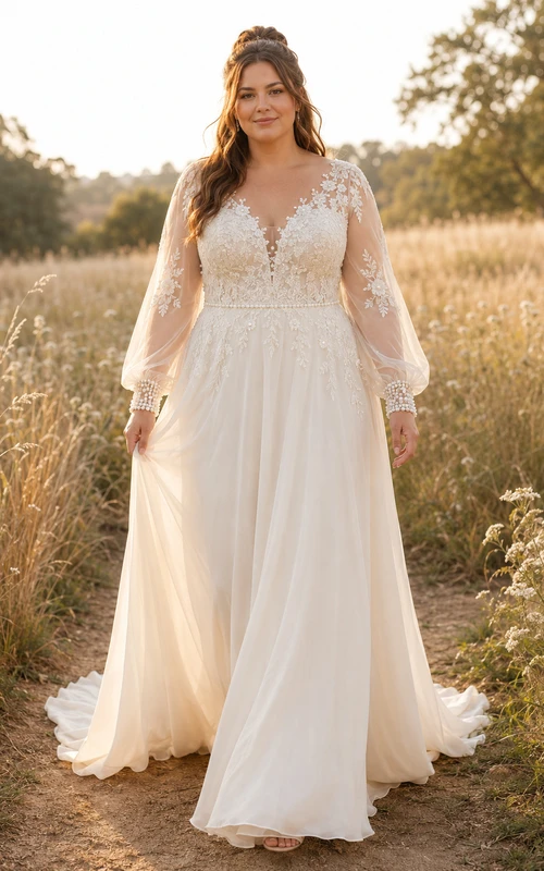 Plus Size Ivory Long Sleeve Lace Bodice Chiffon A-Line Wedding Dress