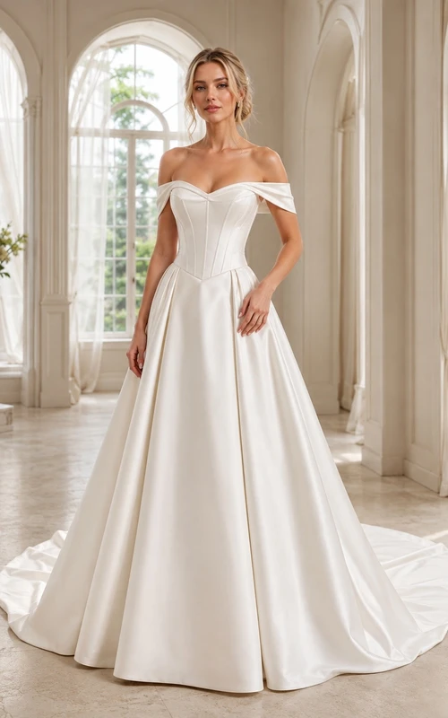 Vestido de novia sencillo estilo vasco con escote Bardot y cintura descubierta