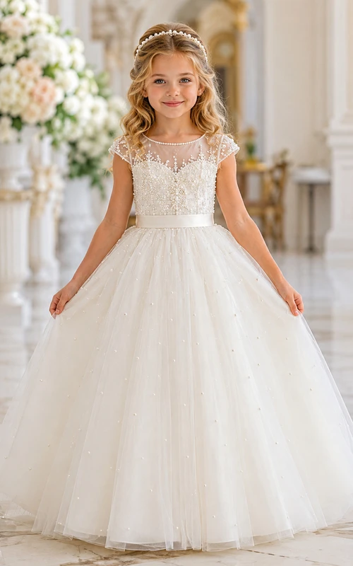 A-Line Flowergirl Pearl Beaded Tulle Floor-Length Cap Sleeve Luxury Wedding Gown with Floral Bodice