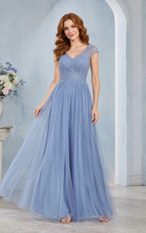 Elegant Sky Blue V-neck Sleeveless Tulle A-Line Floor-length Formal Dress
