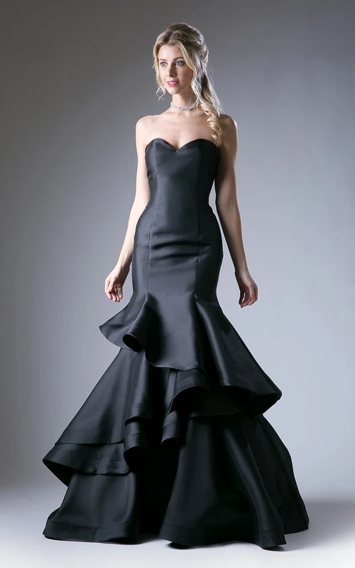 Trumpet Sweetheart Sleeveless Satin Corset Back Dress With Tiers And Ruffles