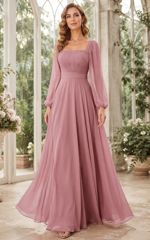 Vintage-Mauve Romantic Square Long-Sleeve Chiffon A-Line Floor-Length Elegant Dress