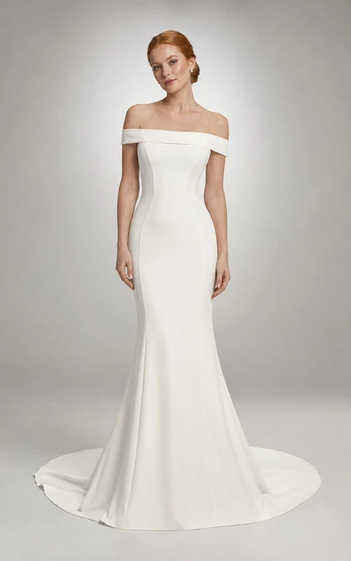 Simple off shoulder bridal sheath gown with sweep train