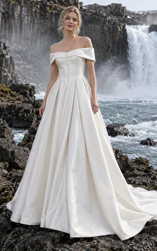 Vestido de gala de satén duquesa con hombros descubiertos, falda plisada y espalda abotonada.