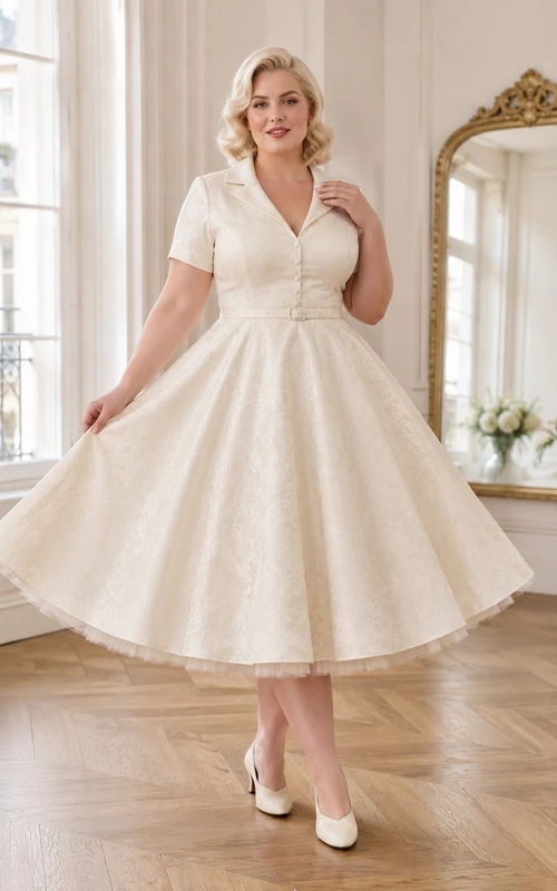 Schlichtes, kurzes Brautkleid in A-Linie mit Knopfleiste, Vintage-Satin, Reverskragen, kurzen Ärmeln und Teelänge in Übergröße
