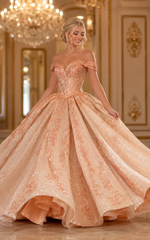 Vestido de gala de princesa para quinceañera, color champán melocotón, de lujo, con hombros descubiertos y asimétrico, con brillo.