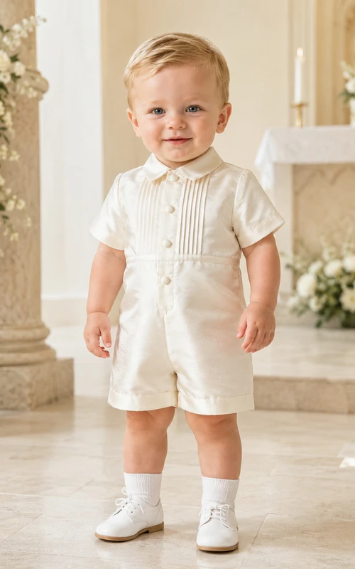 Ivory Tailored Pintuck Button Bib Short Sleeve Christening Romper for Baby Boy