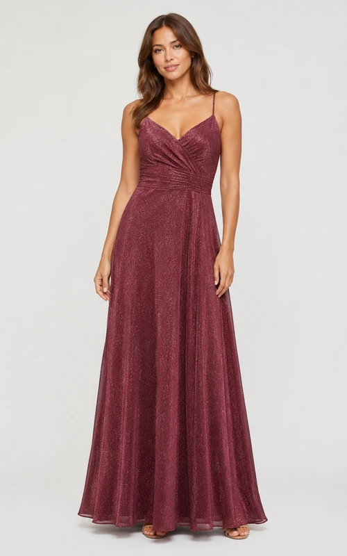 Vestido de gala de corte A con tirantes finos y lentejuelas color burdeos