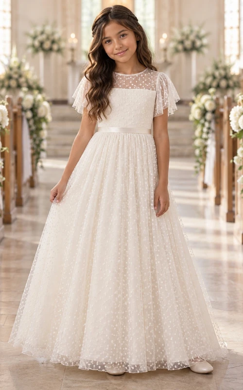 Elfenbeinfarbenes A-Linien-Kleid aus Tüll mit Punkten, bodenlang, mit Illusionseffekt, flatternden Ärmeln und Schleife am Rücken für Blumenmädchen