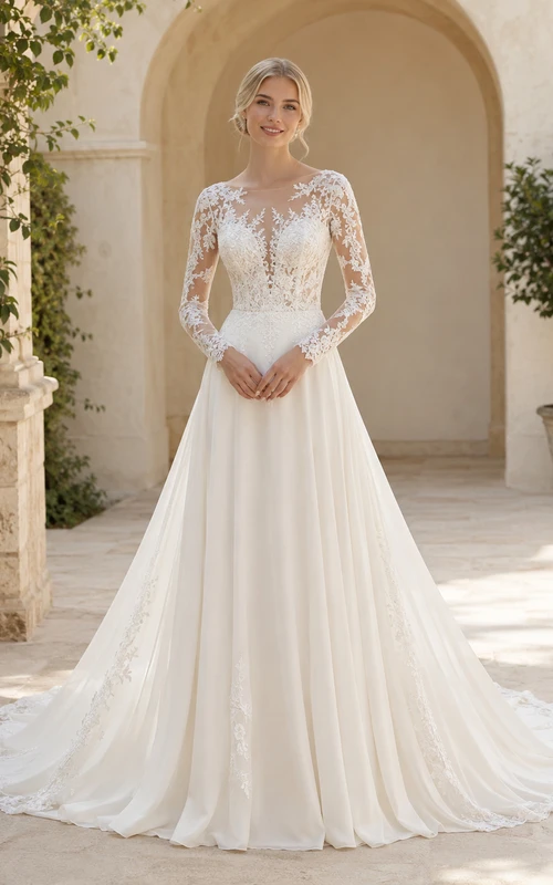 Robe de mariée raffinée en tulle fleuri à col bateau, manches longues transparentes et coupe trapèze, longueur au sol
