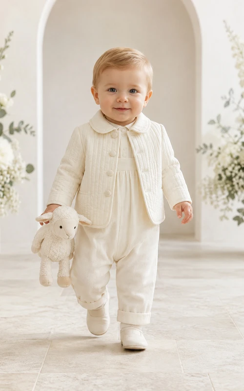 Conjunto de chaqueta de bautizo de manga larga con cuello de punto acanalado color crema para bebé niño