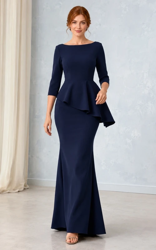 Dark Navy Crepe Bateau Three-Quarter Sleeve Peplum Mermaid Floor-Length Formal Dress