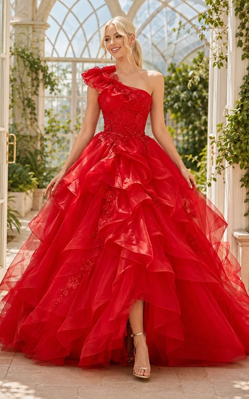 Red Tulle One-Shoulder Ruffled Tiered Quinceanera Ball Gown