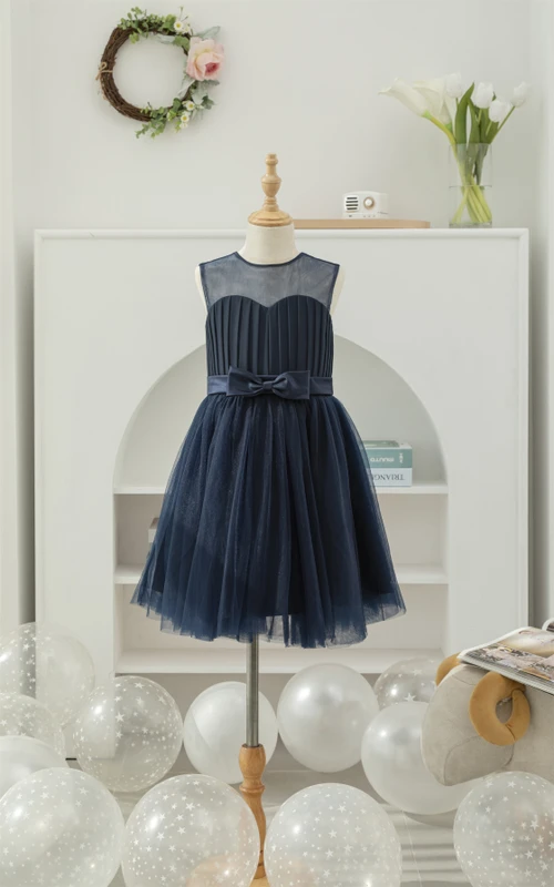 Vestido informal de niña de las flores, sin mangas, de gasa azul marino oscuro con pliegues