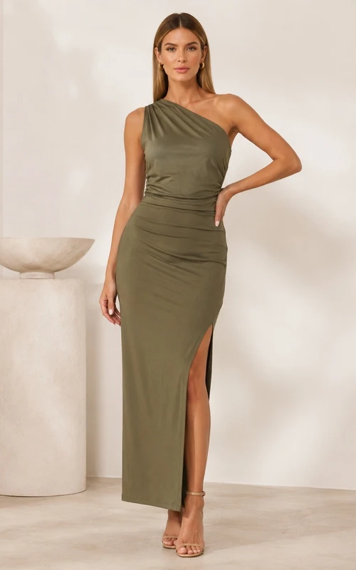 Vestido largo sin mangas de un solo hombro con abertura, de jersey verde oliva.