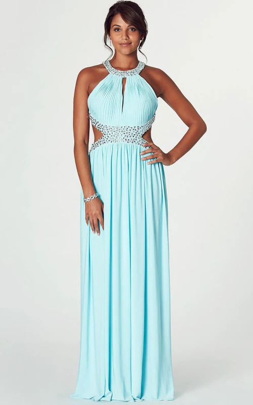 Robe de bal maxi sans manches à col rond et froncée en mousseline