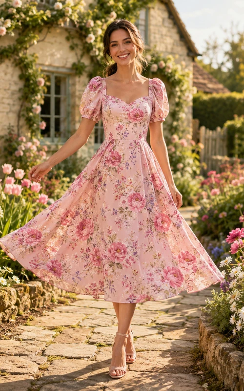 Bright Pink Floral Puff Sleeve Square Neck Midi Dress