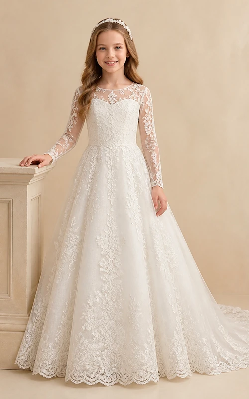 Modest Junior Bridesmaid Floor-length A-Line Scoop Long Sleeve Chapel Train Dress
