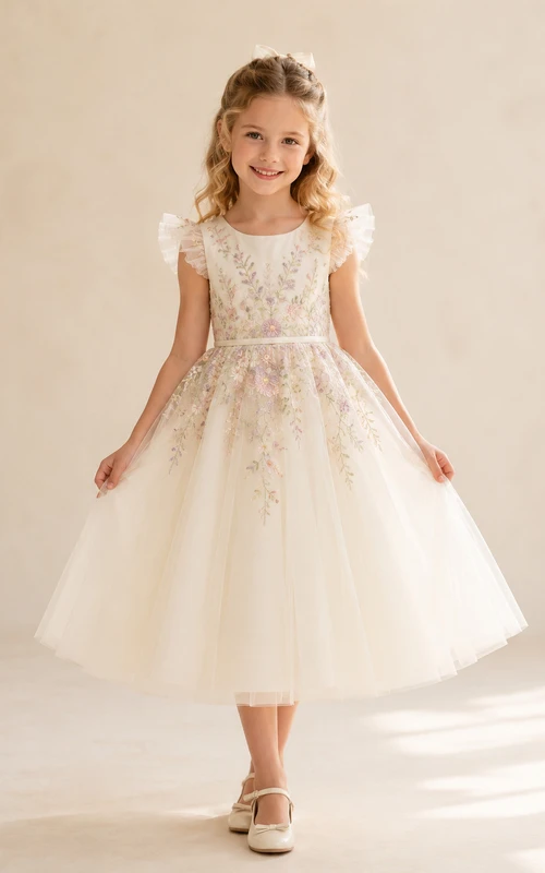 Tulle A-Line Flower Girl Dress with Jewel Neck, Tea-Length Skirt and Pleated Skirt