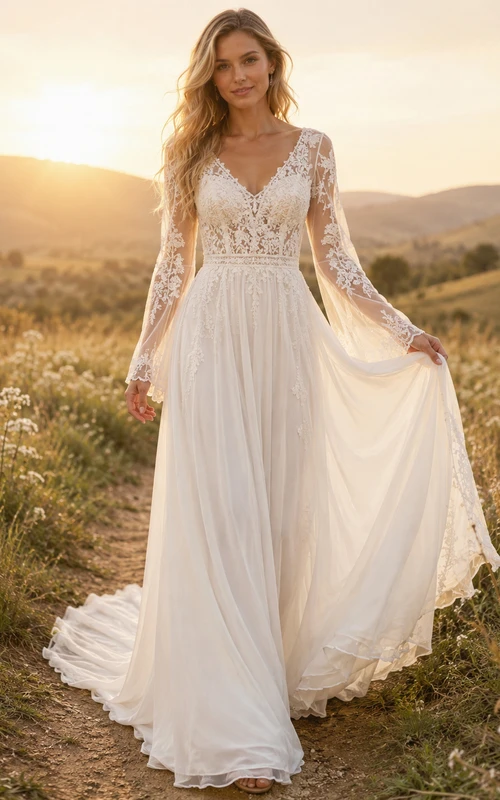 Robe de mariée bohème en mousseline de soie à col en V et manches longues, coupe trapèze, col V