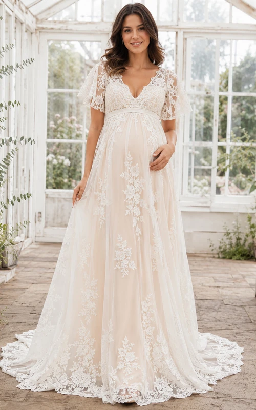 Maternity V Neck Short Lace Sleeve Empire Tulle A-Line Court Wedding Gown