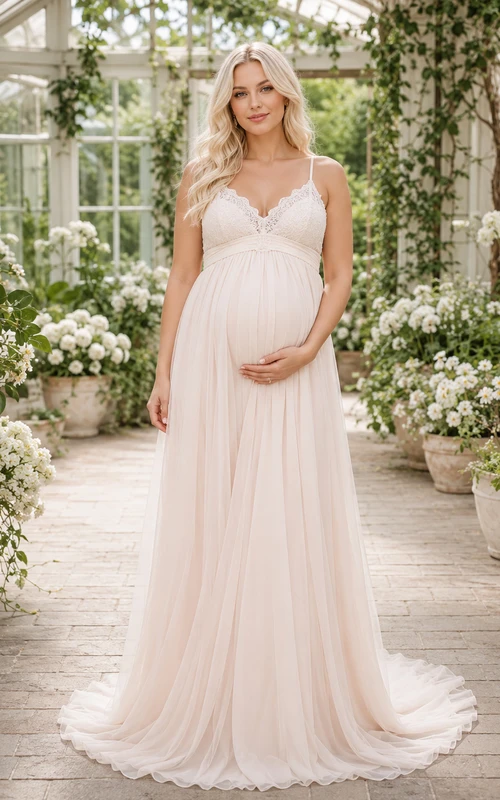 Vestido de novia de invierno con tirantes finos y corpiño de encaje para embarazadas
