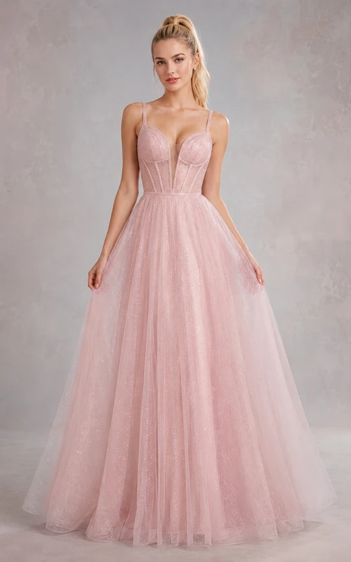 Vestido de fiesta largo hasta el suelo, de corte A, sin tirantes, de tul y con corsé color rosa empolvado