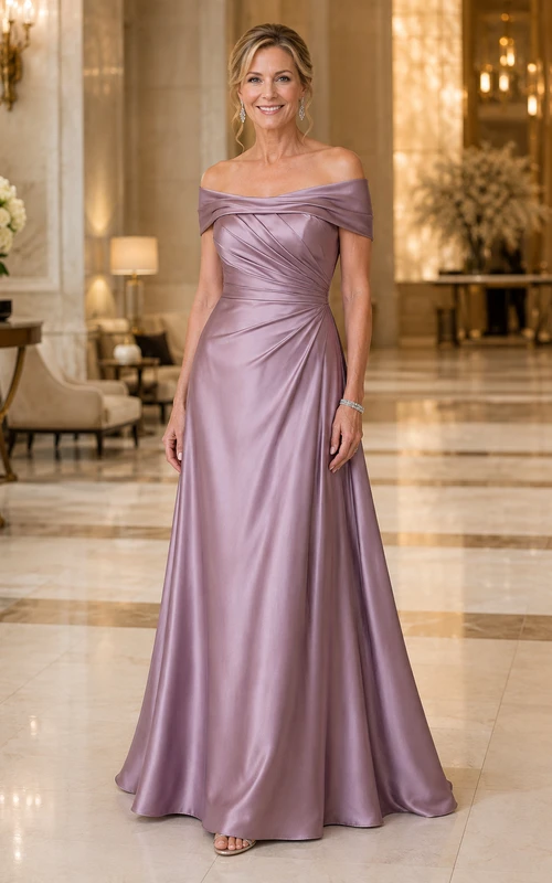 Vintage-Mauvefarbenes, schulterfreies A-Linien-Kleid aus Satin mit gerafftem Oberteil