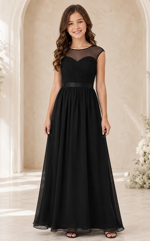 Schwarzes Brautjungfernkleid für junge Mädchen, A-Linie, herzförmiger Schnitt, kurze Ärmel, gerafft, modern