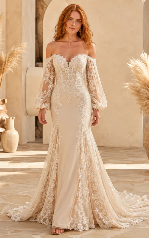 Romantic Champagne Lace Mermaid Wedding Off Shoulder Sweetheart Long Sleeves Train