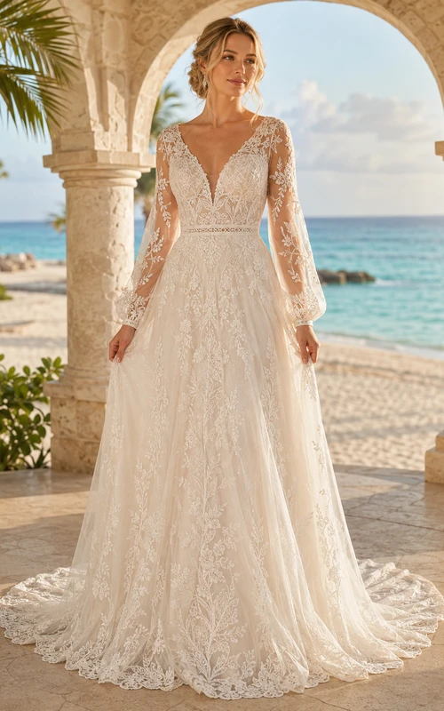 Boho Poet Sleeve Full Lace A-Line Resort Destination Wedding Dress