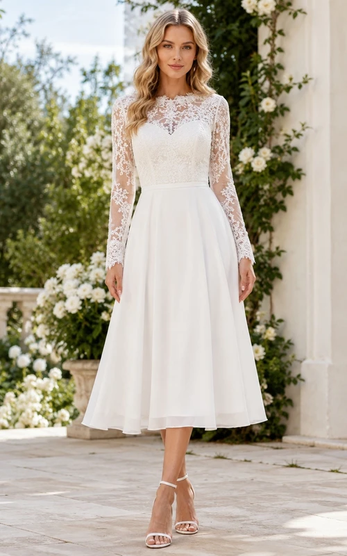 Teelanges, langärmeliges, hochgeschlossenes, dezentes elfenbeinfarbenes Spitzen-Gästekleid