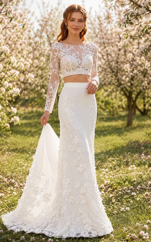 Two Piece Long Sleeve Floral Lace Garden Mermaid Gown