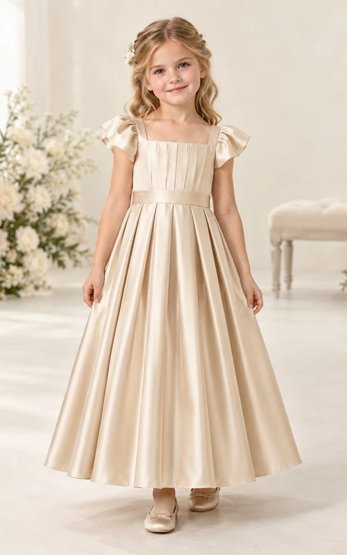 Simple Square-neck Champagne Ankle-length Satin Flutter-sleeve Tucked-bodice Banded Pleated Zipper-back Flower Girl Dress