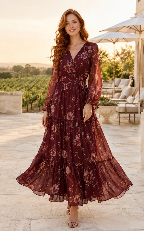 Burgundy Winery Garden Wedding Guest Bridesmaid Cocktail Formal Dress A-Line Tea-Length V-Neck Long Sleeve Chiffon Floral Print Ruffle Trim Tiered Skirt Zipper Back