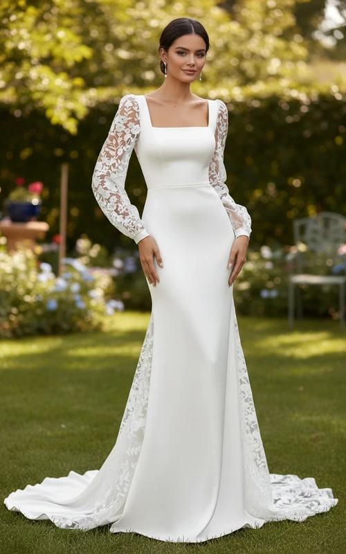 Robe de mariée simple à col carré et manches longues