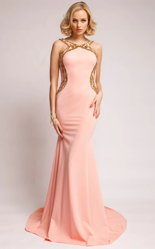 Vestido largo de fiesta ajustado sin mangas de jersey con cuentas