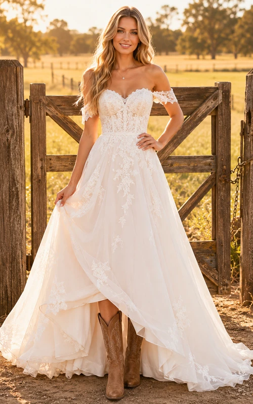 Country Off Shoulder Lace Bodice A-Line Ranch Wedding Dress