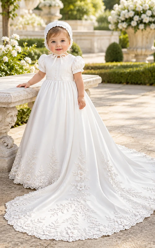 Vestido de lujo para ceremonia de bautizo/bautizo, corte A, largo hasta el suelo, cola catedral, cuello joya, manga corta, lazo de encaje de tul en la espalda y botones en la espalda.