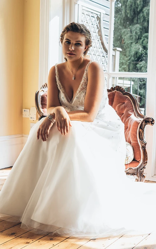A-Line Floor-Length V-Neck Sleeveless Tulle Sweep Train Crystal Detailing Dress