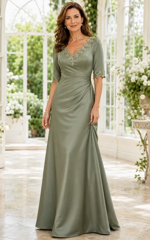 Sage Lace Sleeve Mermaid Mother Dress With V-Neckline