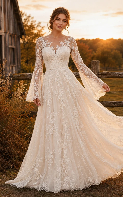 Fall Boho High Neck Bell Sleeve A-Line Wedding Dress