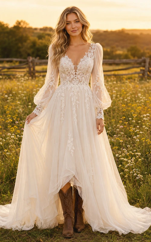 Robe de mariée bohème de maternité, coupe trapèze, bustier en dentelle épaules dénudées et traîne.
