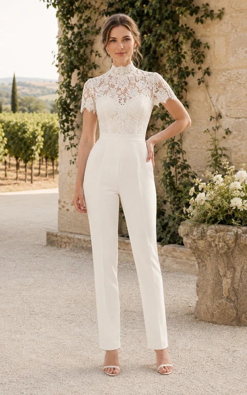 Short Sleeve Lace Bodice Bridal Jumpsuit with Illusion Back