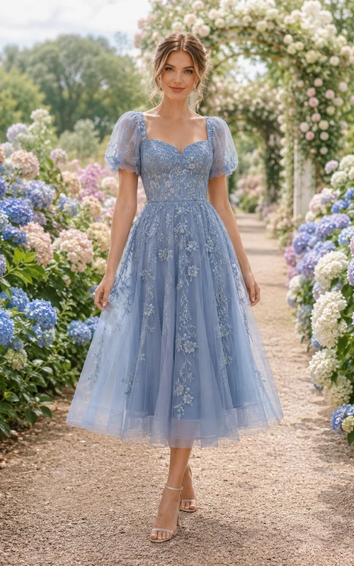 Wedding Guest Dress Sky Blue Lace Tulle A-Line Sweetheart Puff Sleeve Tea Length