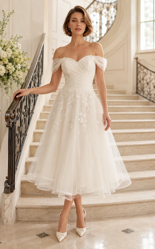Elegante vestido de novia romántico de tul con mangas cortas y hombros descubiertos hasta la rodilla.