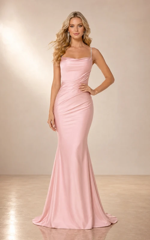 Abendkleid aus rosafarbenem Satin mit Wasserfallausschnitt und Meerjungfrauen-Stil