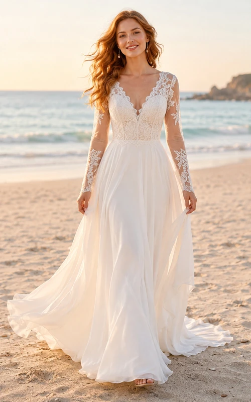Chiffon Lace Wedding Dress A-Line V-Neck Long Sleeve Sweep Train Bridal Gown