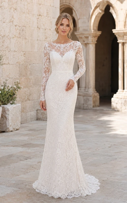 Vestido de novia de encaje estilo sirena, estilo barco, de manga larga, para fugas románticas.
